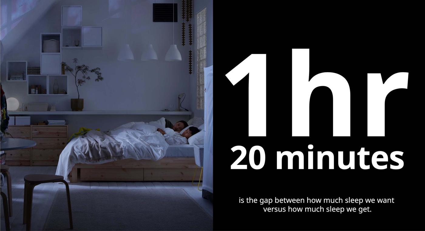 A person sleeps in a dark room, next to imagery of global sleep report showing gap between sleep people want and what they actually get.