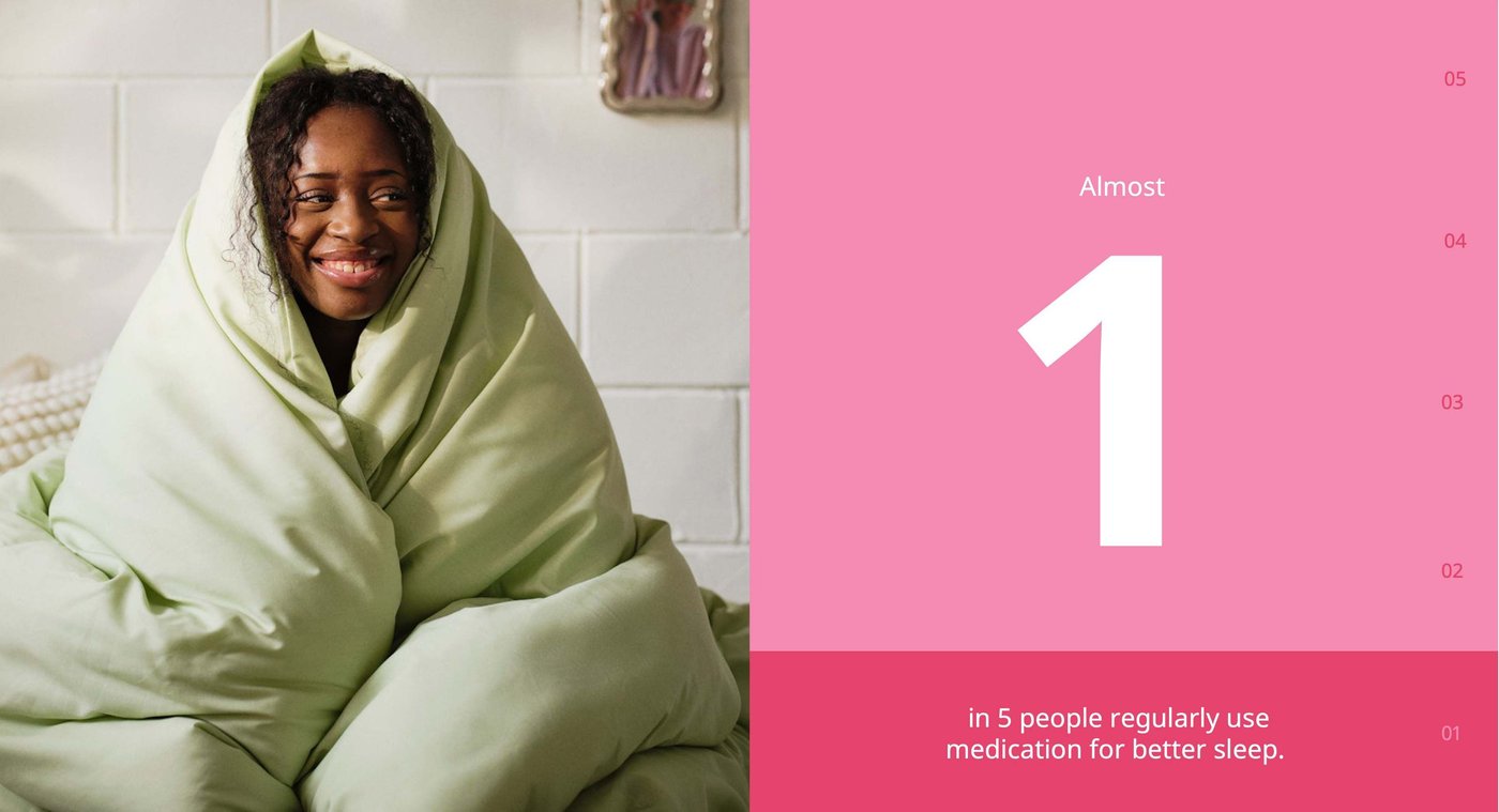 A peson wrapped in a duvet smiles, next to a global sleep report stat