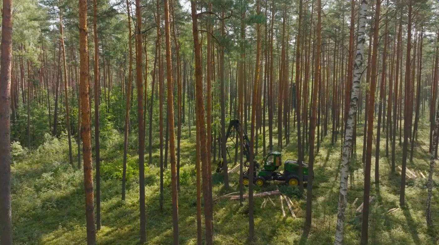 A harvester machine among the trees in a forest.
