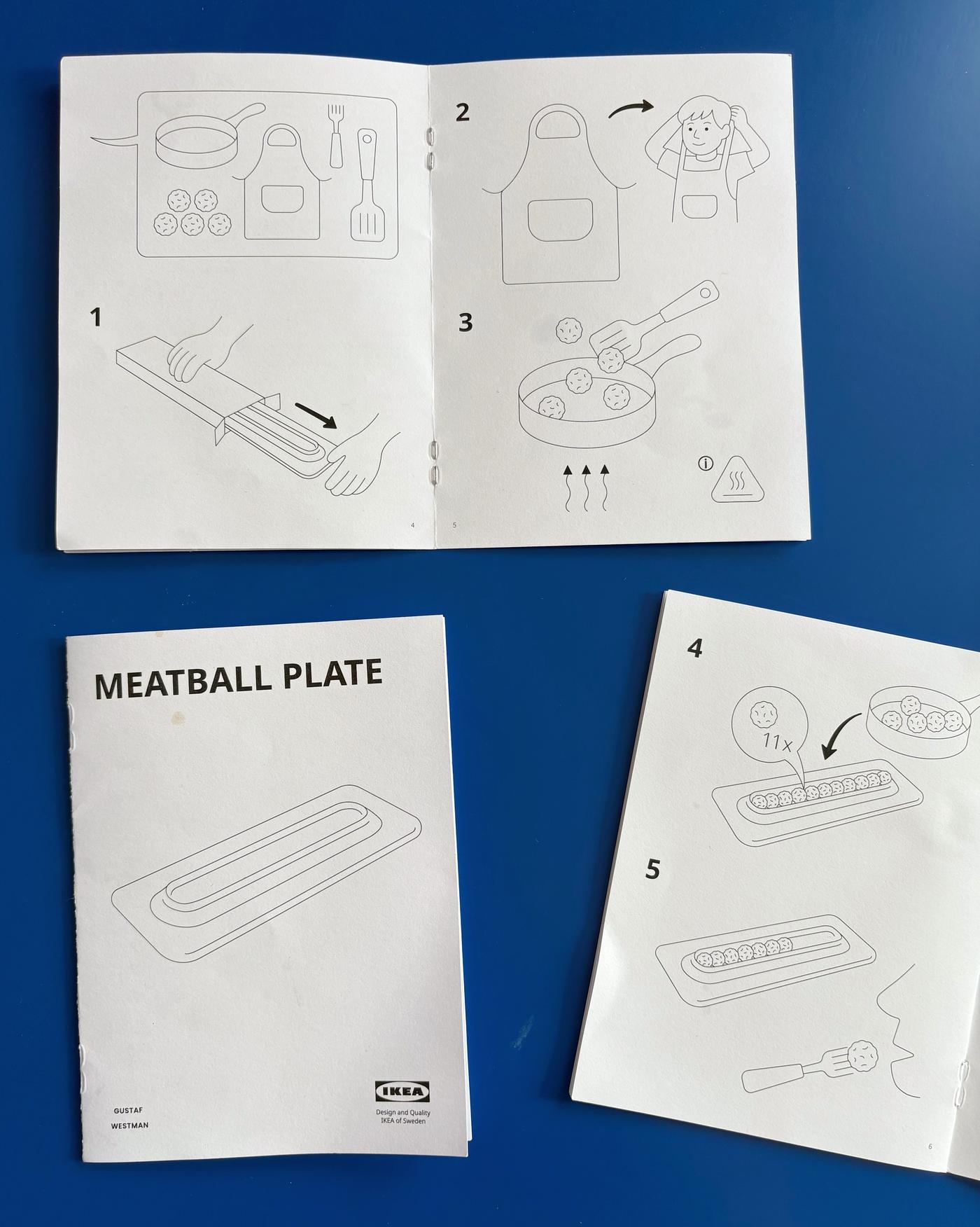 An IKEA instruction manual on a cobalt blue surface titled “Meatball Plate” with illustrated steps.