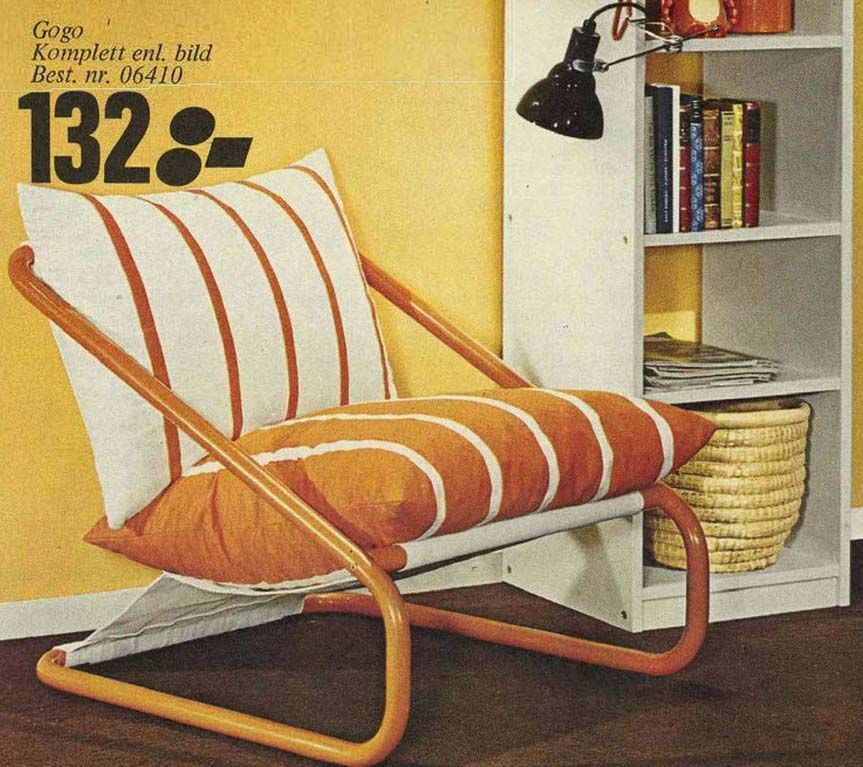 A page from the 1972 IKEA catalogue featuring an orange and white striped GOGO chair.