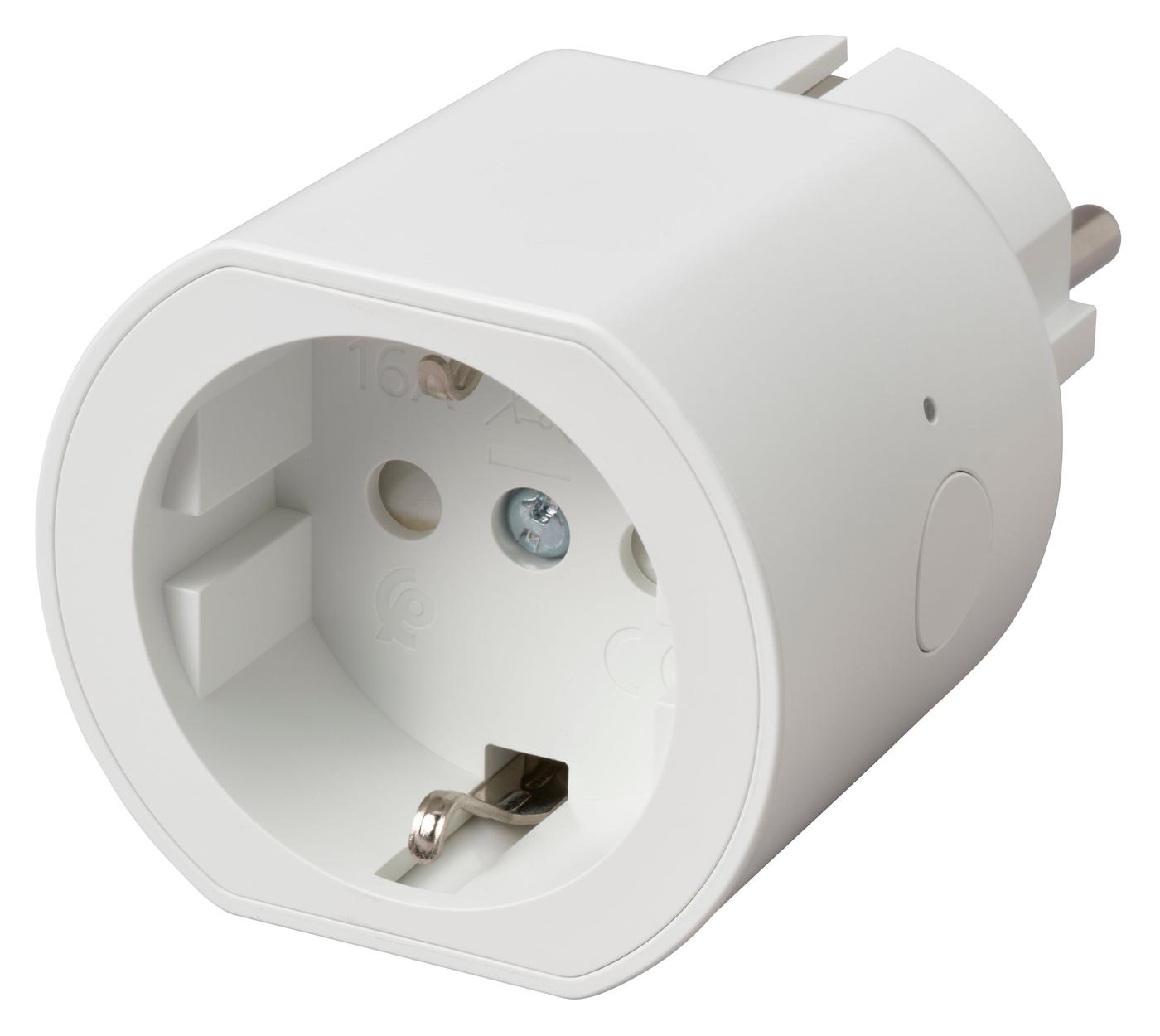 White smart plug (EU socket) shown at an angle against transparent background, with rounded edges and visible prongs and socket.