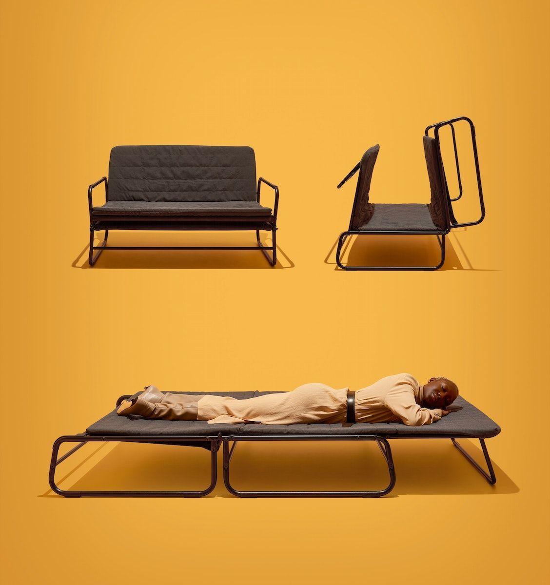 A HAMMARN sofa bed in different stages of opening, against an ochre background.