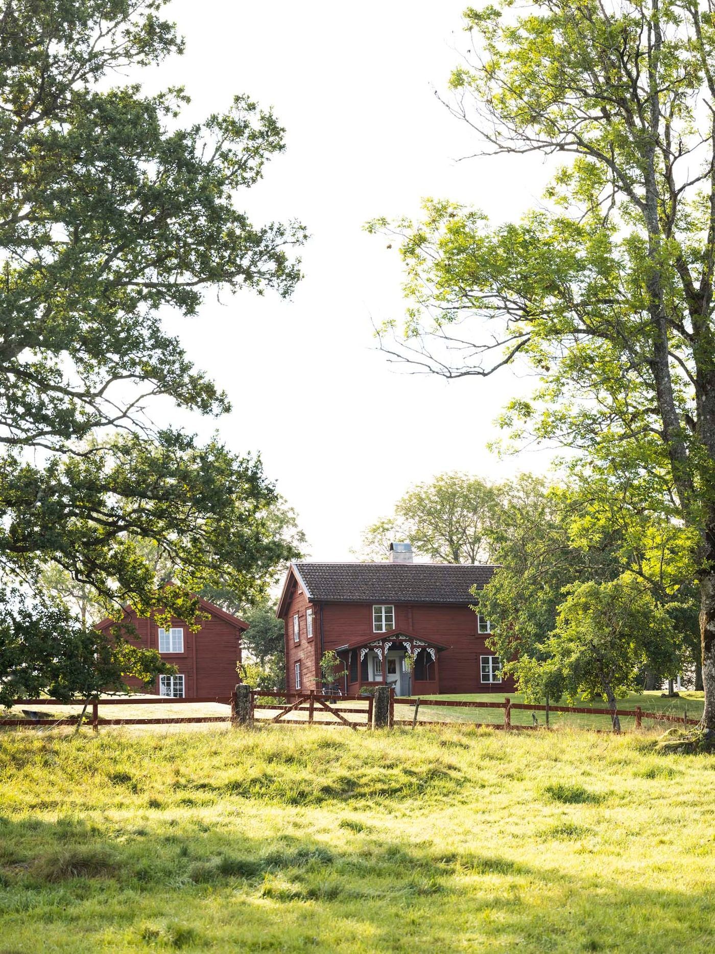 A red Swedish farmhouse with a meadow in the foreground.