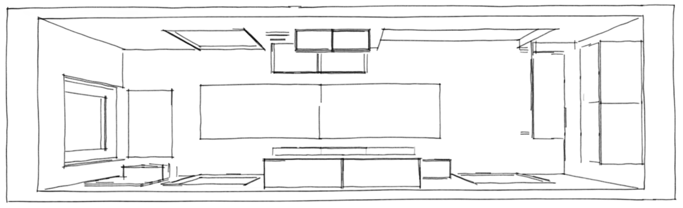 A sketch of a hallway room layout.