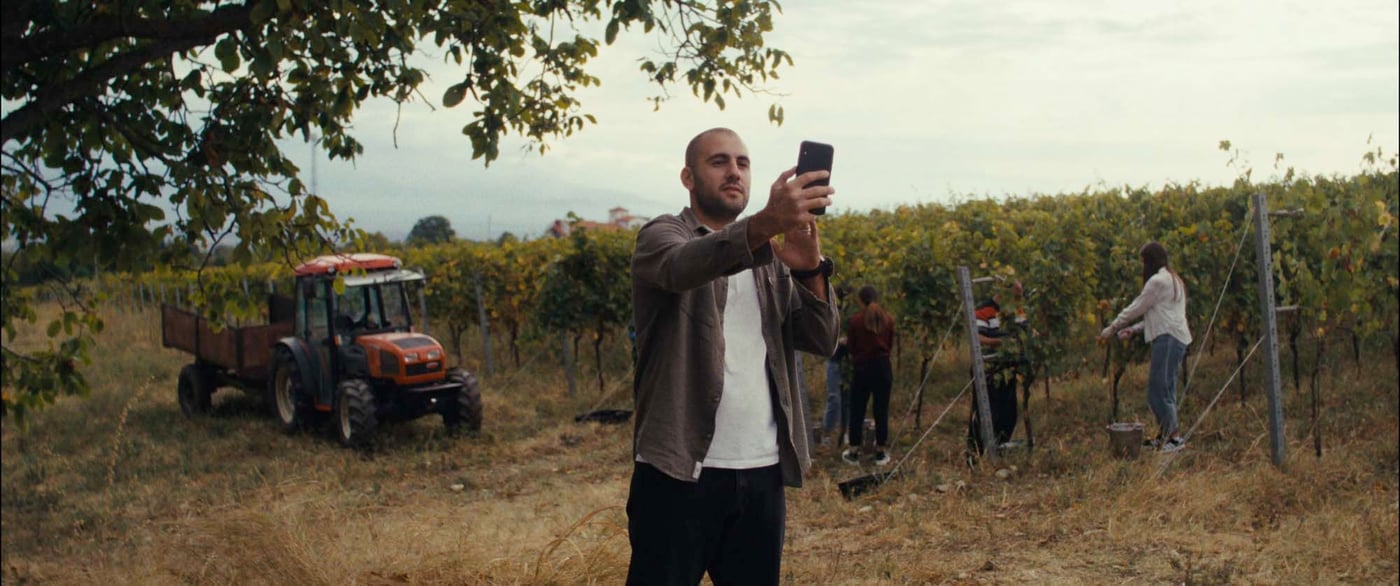A person stands in a vineyard while taking a video call on his phone. People work on the vines in the background. 