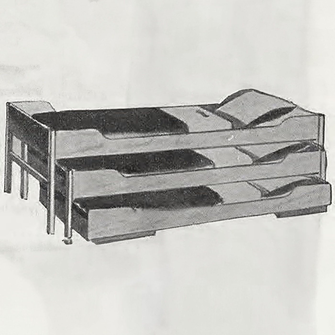 A drawing of the TRIPPEL bed with three mattresses from the 1955 IKEA catalogue