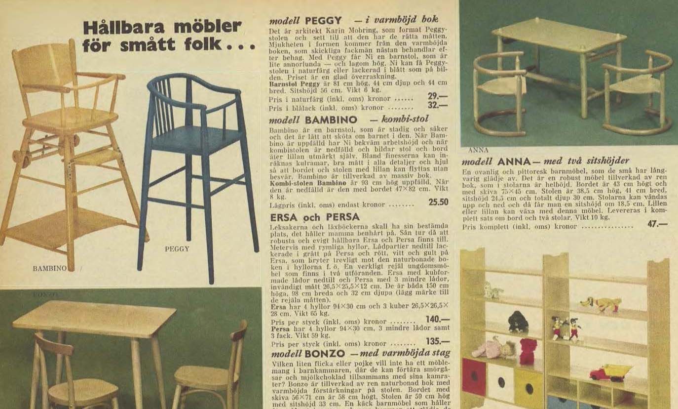 A page from the 1966 IKEA catalogue featuring the peggy high chair.