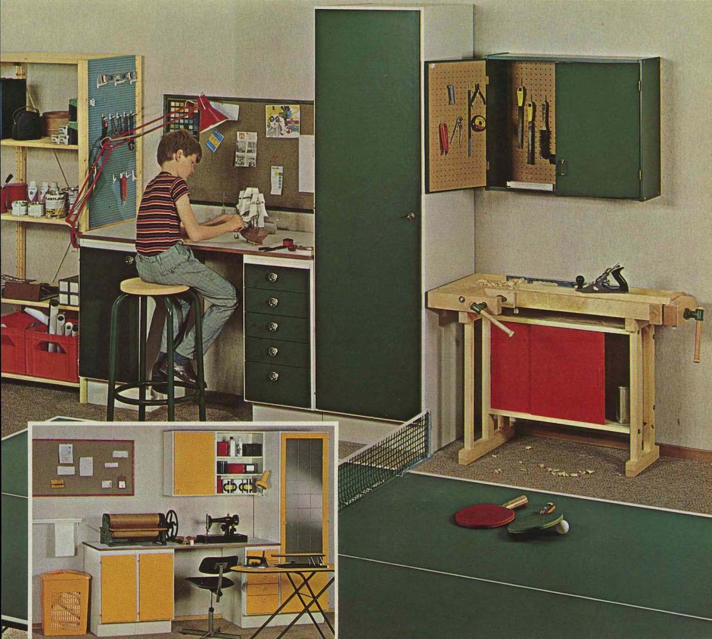Two images showing a boy working in a workshop and (inset) a laundry room with sewing machine