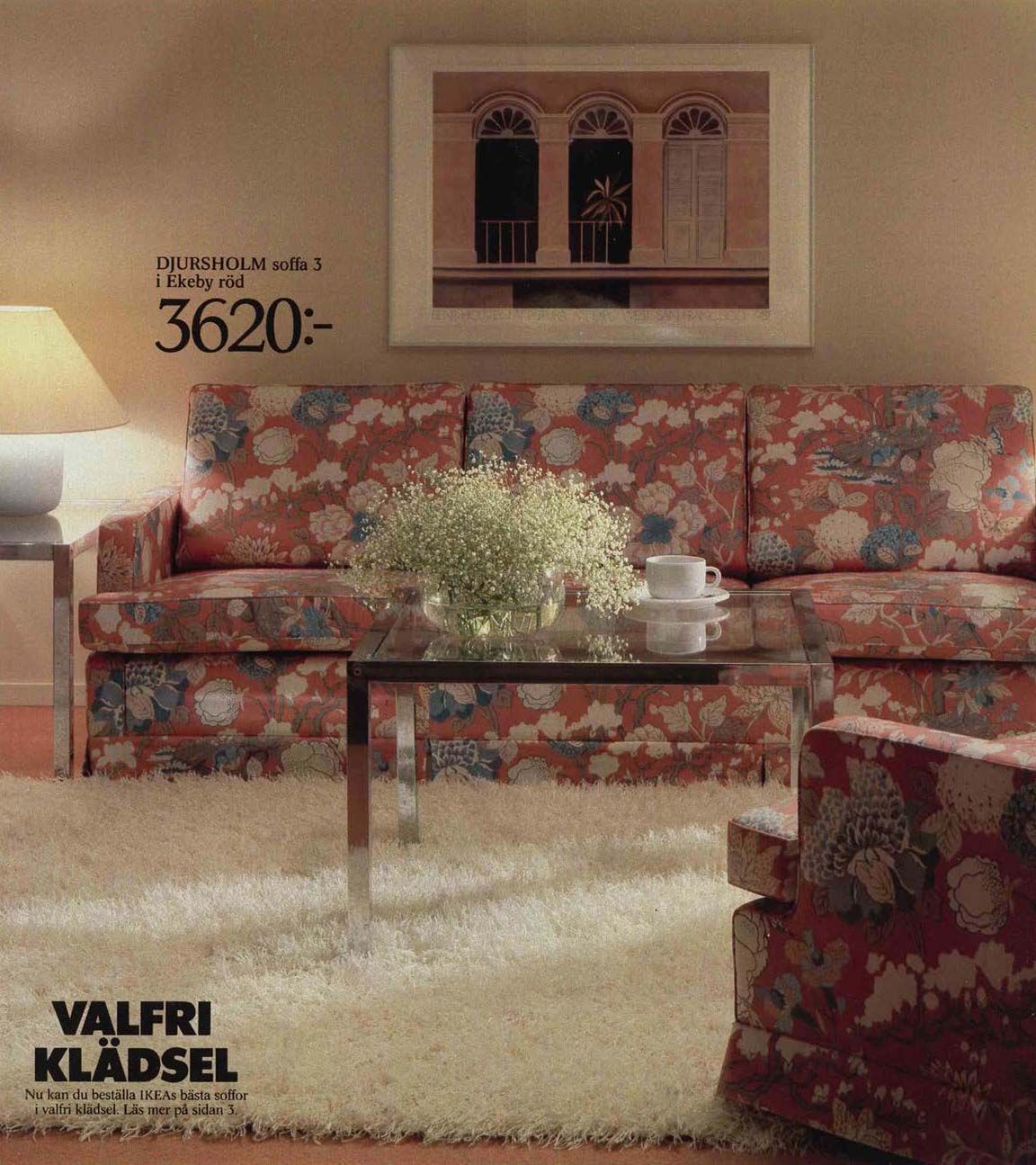 An image from the 1984 IKEA catalogue featuring a living room with a chintz sofa and a coffee table with flowers in the foreground.