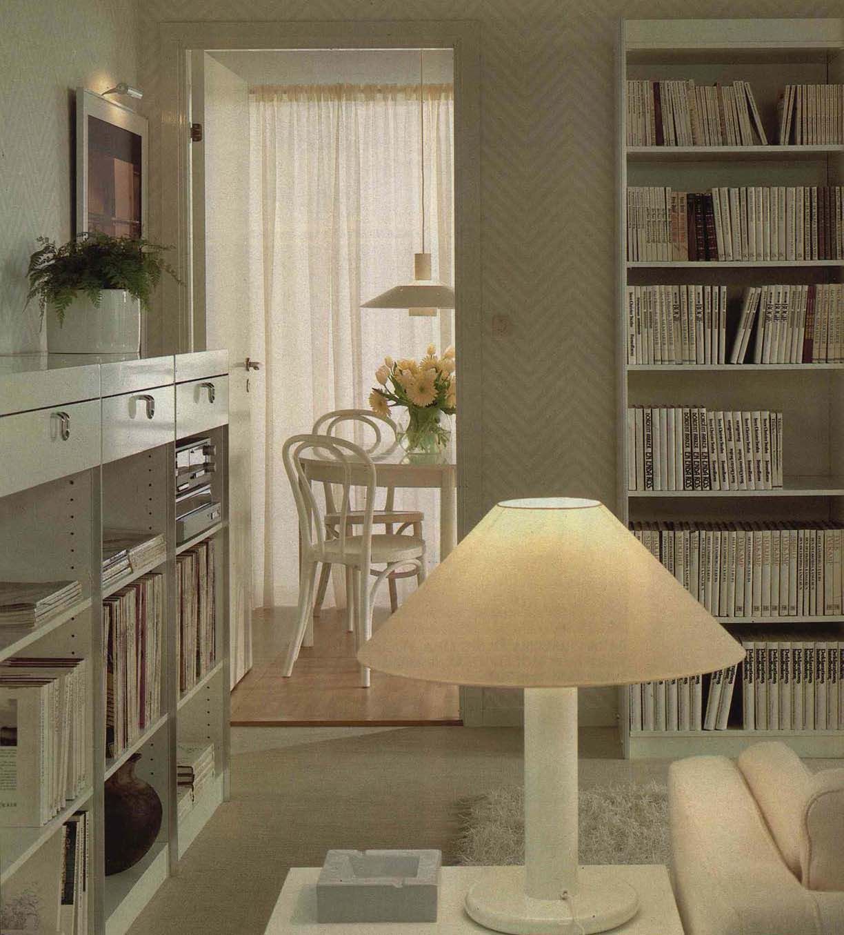 An image from the 1984 IKEA catalogue showing a view of the dining room from the white living room.