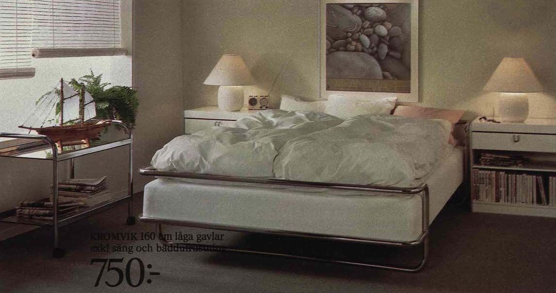 An image from the 1984 IKEA catalogue featuring a bedroom with a bed and two bedside lamps.