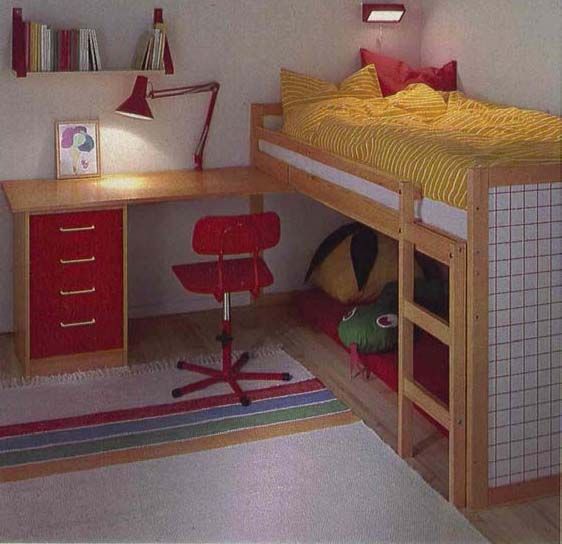 An image from the 1984 IKEA catalogue featuring a bedroom with a red and yellow bunkbed and a red desk.