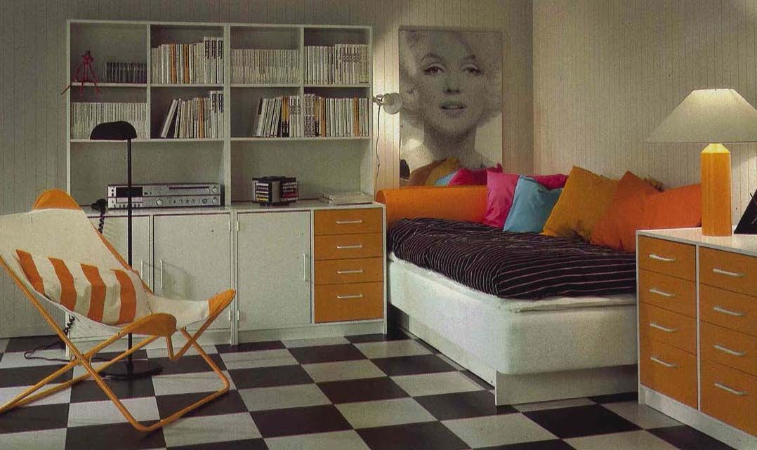 An image from the 1984 IKEA catalogue featuring a black, white and yellow  bedroom with a chequerboard floor.