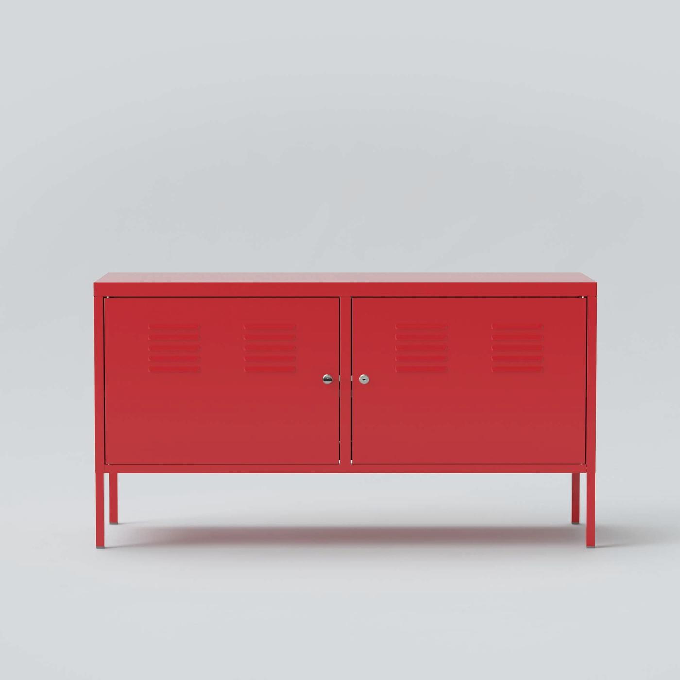 A red metal IKEA PS cabinet.