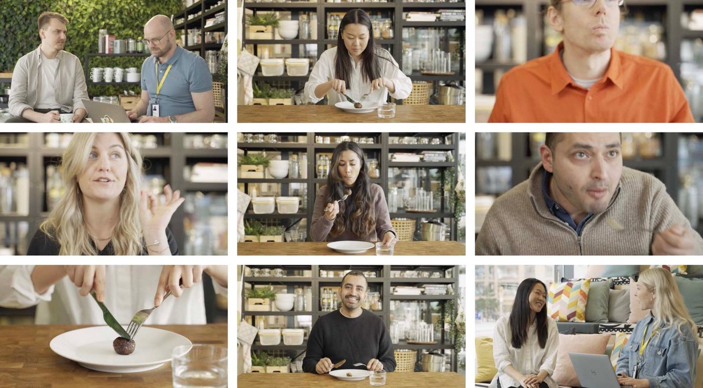 A montage of 9 images of interviewees eating a 3D printed meatball.