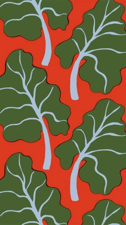 A graphic image of rhubarb against a red/orange background.