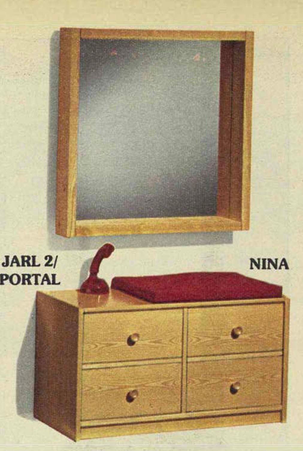 A photograph of the JARL mirror placed above a PORTAL hallway unit from the 1978 IKEA Catalogue.