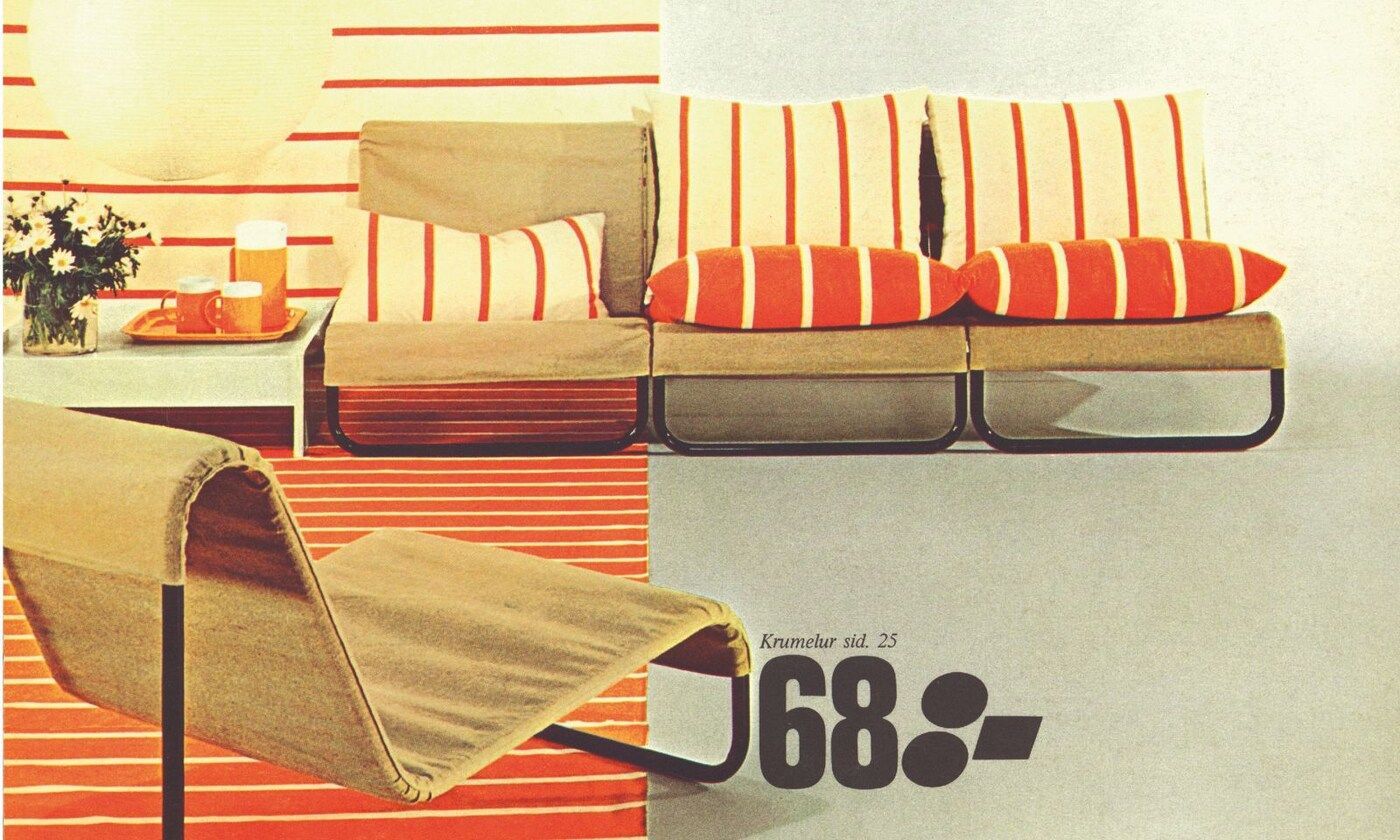 KRUMELUR sofa and chair with striped cushions, with a striped rug and a table.