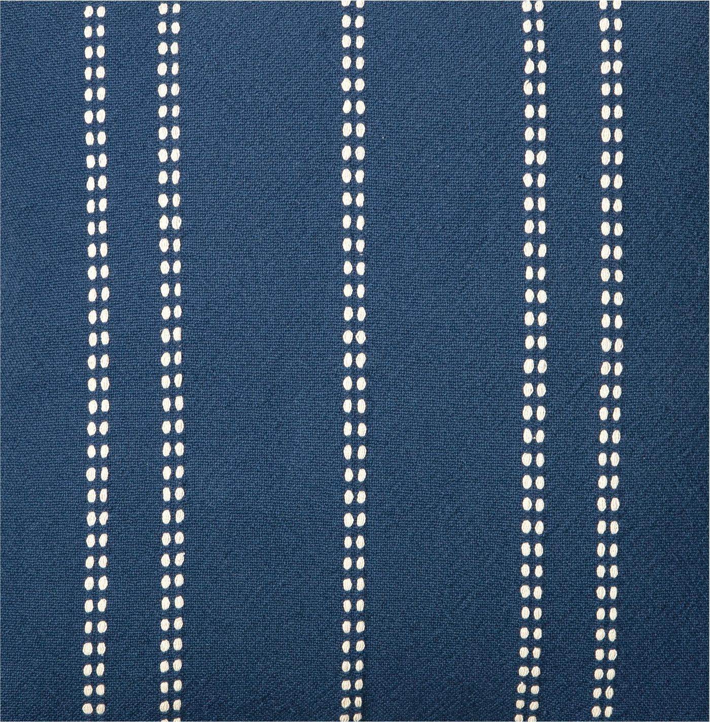 Close-up of KRUTBRÄNNARE cushion cover, blue with a white patterned stripe.