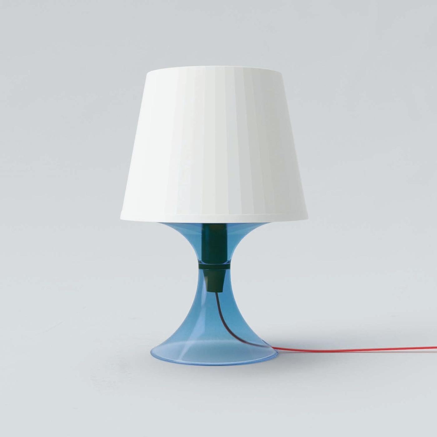 A LAMPAN lamp with a blue base and white shade.