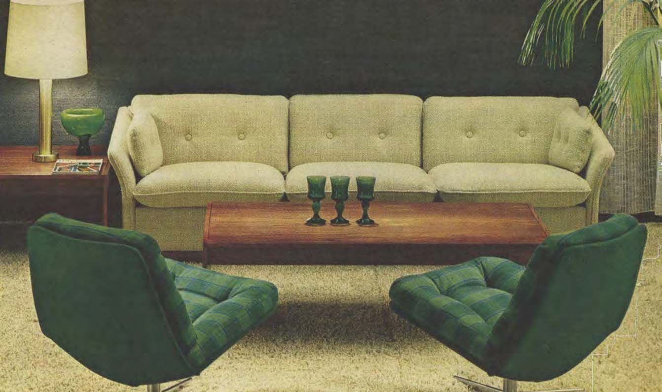 A vintage image from the 1969 IKEA catalogue featuring two green MILA chairs in a living room setting, with a sofa in the background.