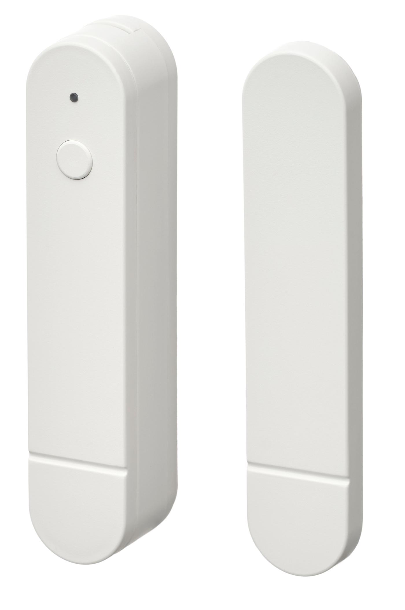 A white two-part window/door sensor shown against a transparent background.