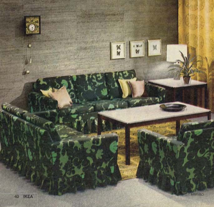 An image from the 1968 IKEA catalogue showing a patterned three-piece suite in a living room with a coffee table in the centre.