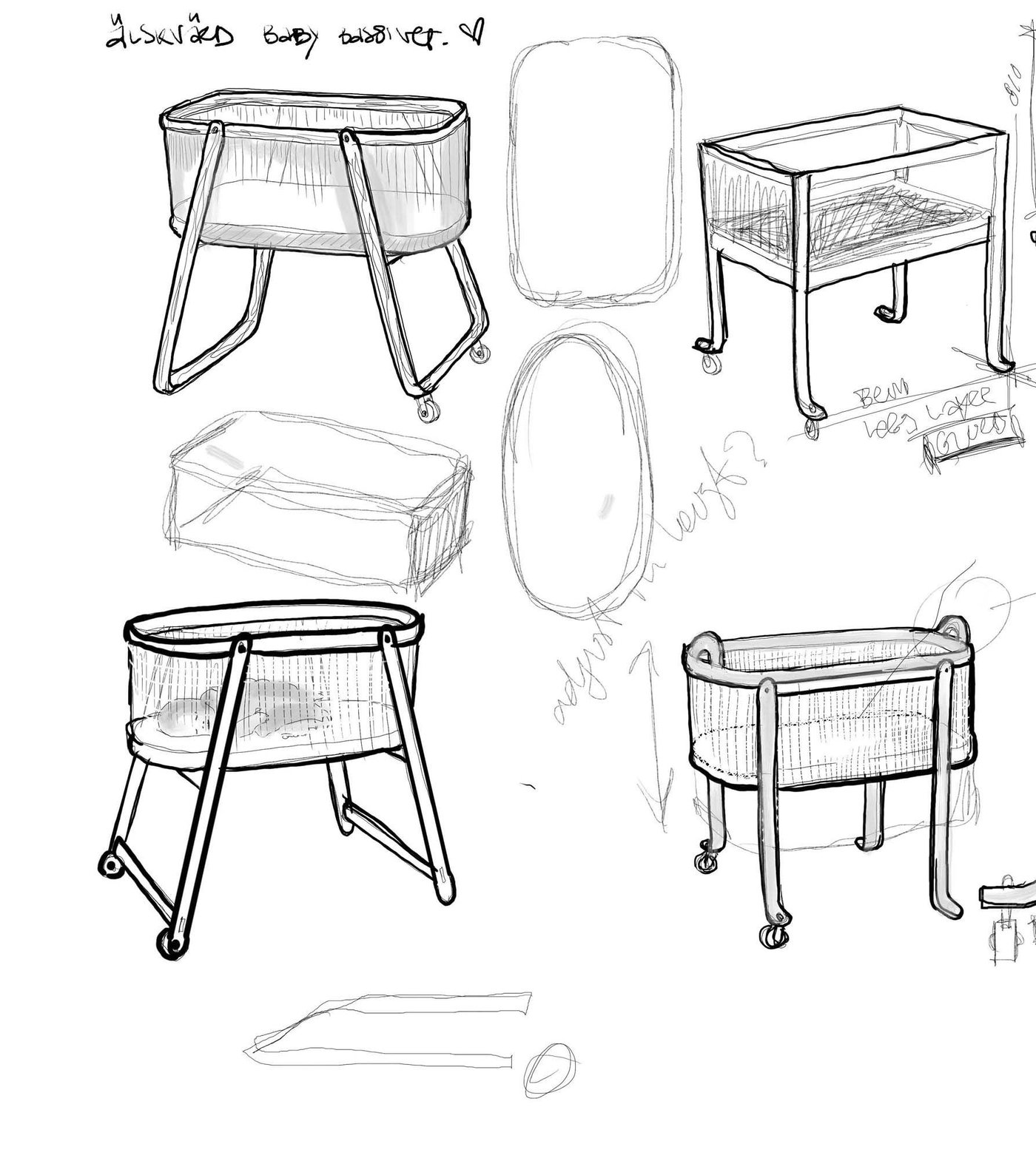 Pencil sketches of four bassinet designs.