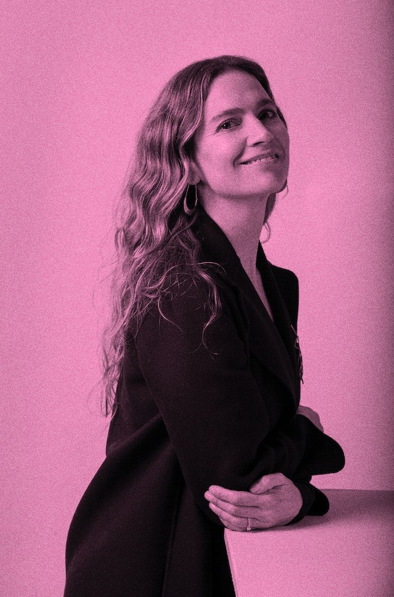A pink colour-washed portrait of Catalina Zarhi.