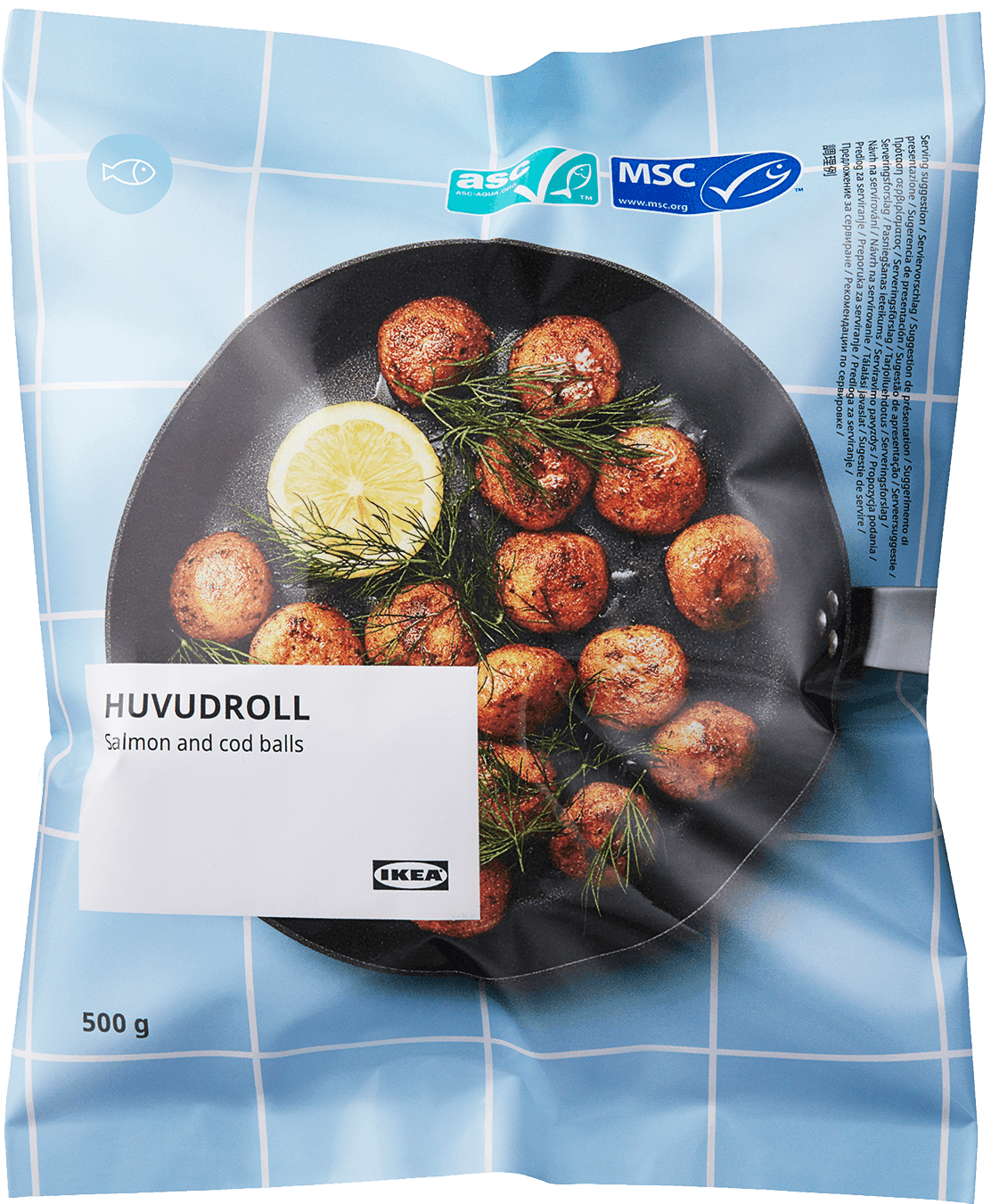 A cutout image of a pack of HUVUDROLL frozen salmon and cod balls.