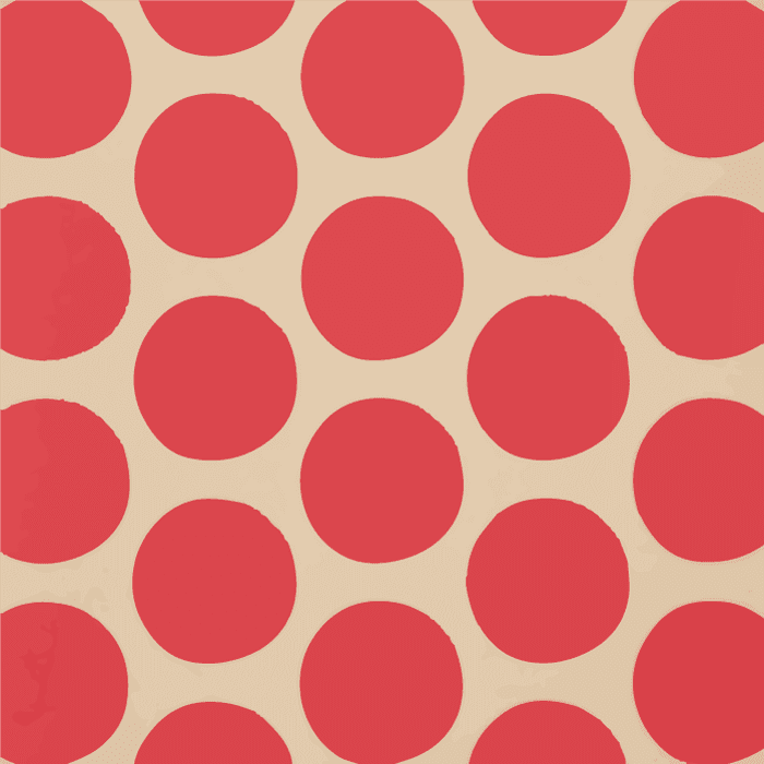 Red polka dot pattern on a beige background.