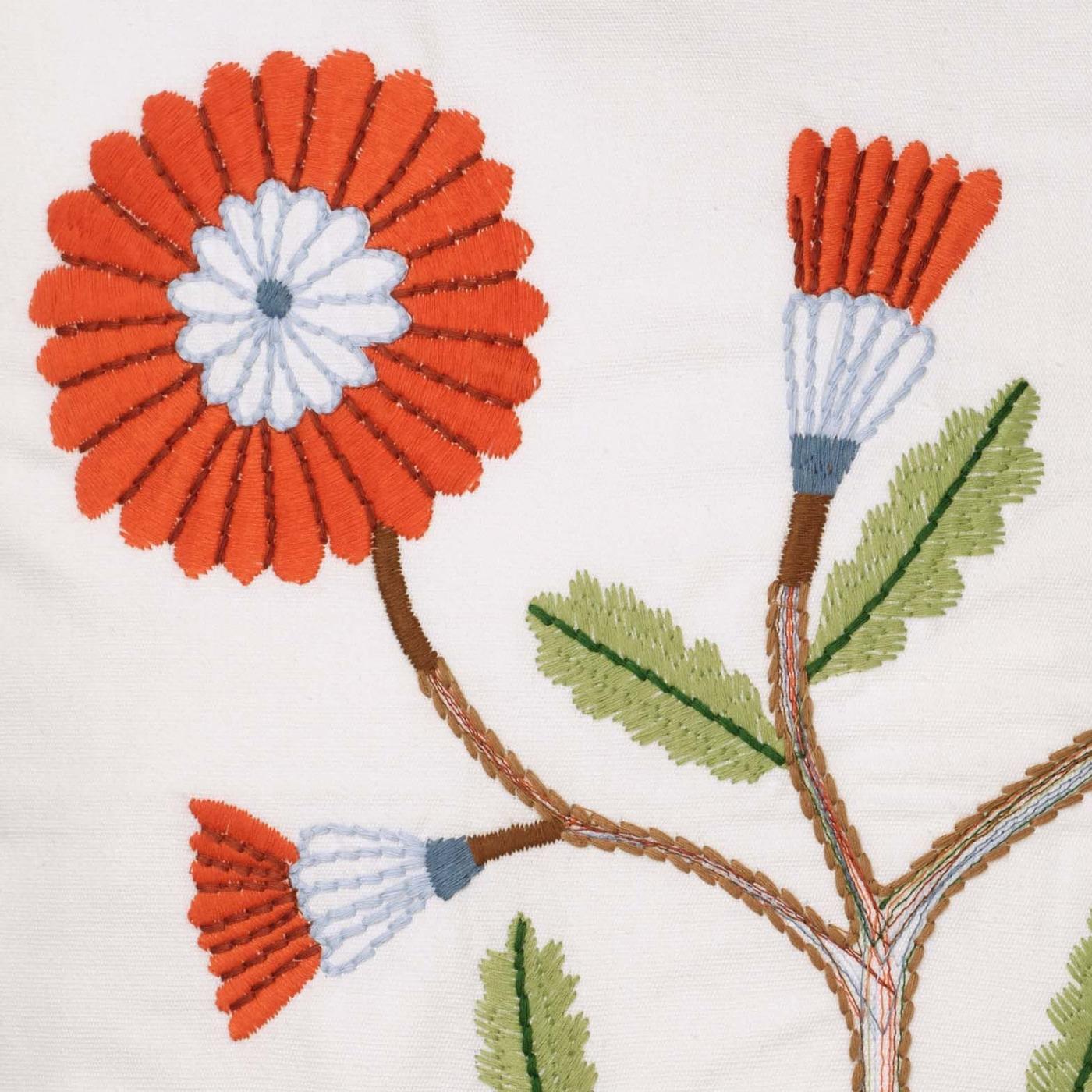 A close-up on an embroidered flower on a cushion cover.