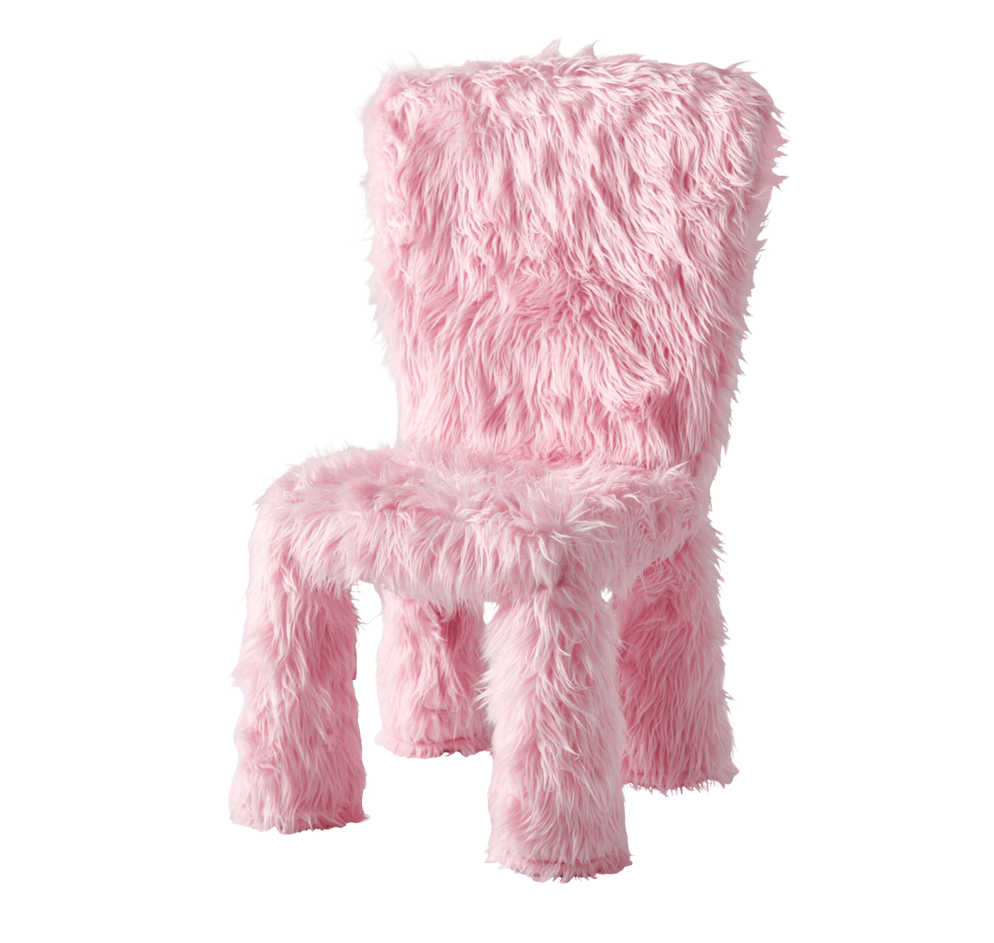 A chair covered in a pink fluffy GREJSIMOJS cover for children’s chair.