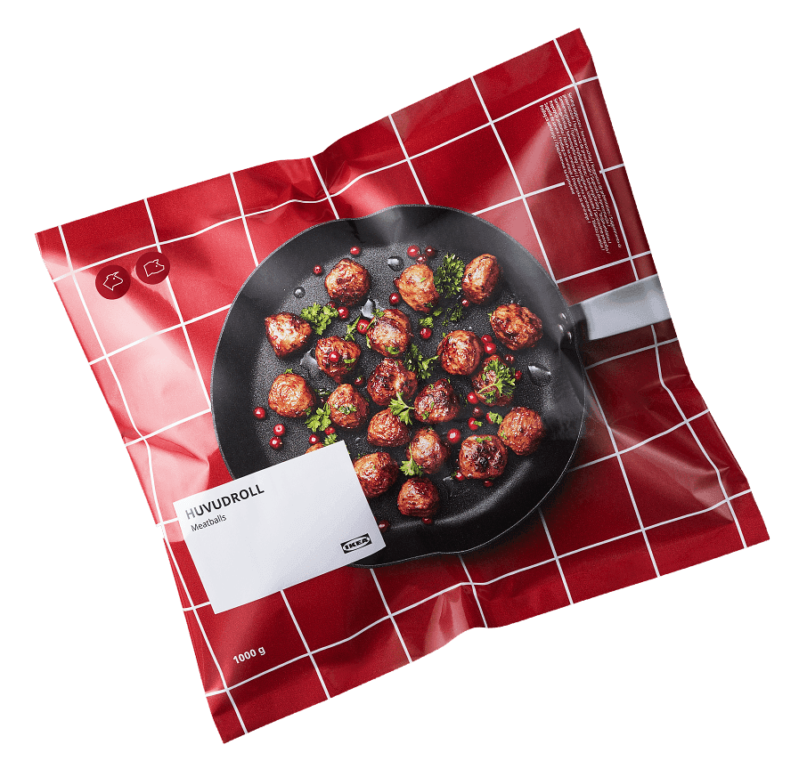 A cutout image of a pack of HUVUDROLL frozen meatballs.
