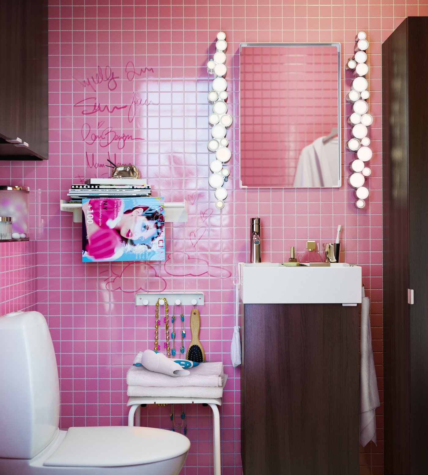A pink tiled bathroom from the 2016 IKEA catalogue.