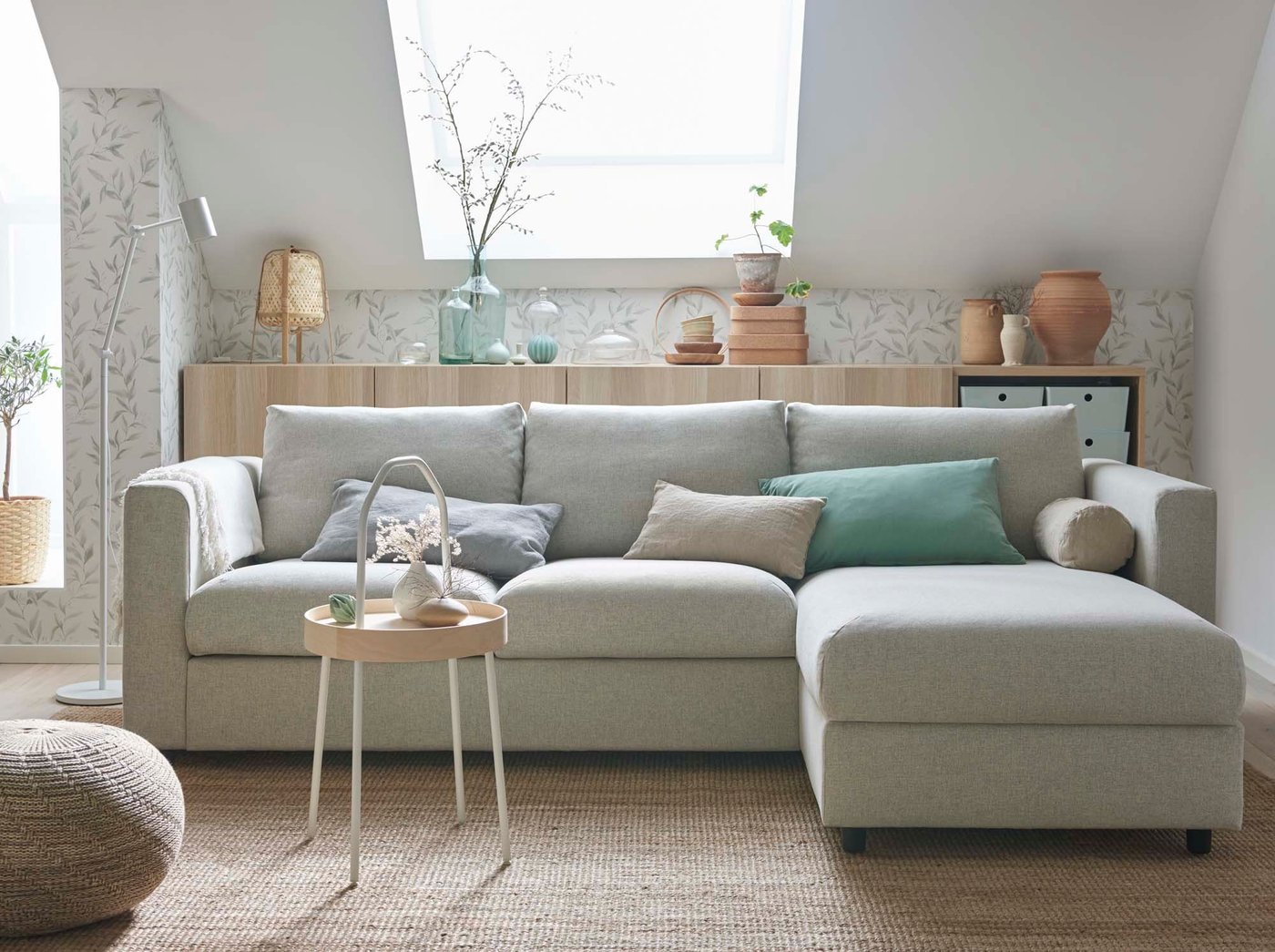  A living room with a large couch.