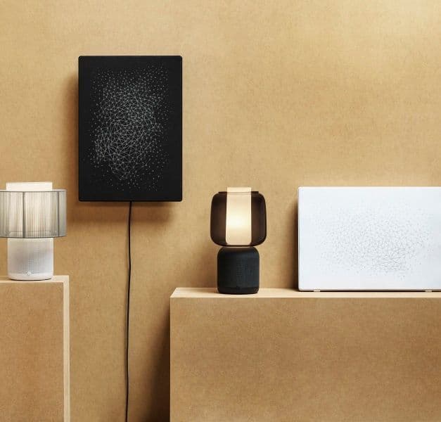 SYMFONISK table lamp speaker in new design, shown together with SYMFONISK picture frame speaker.