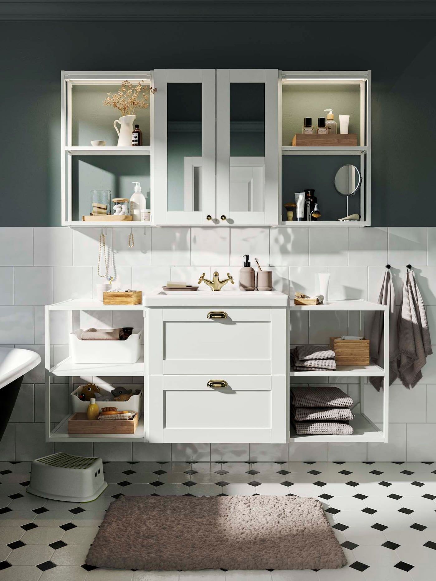 An ENHET bathroom in white, with a black and white floor.