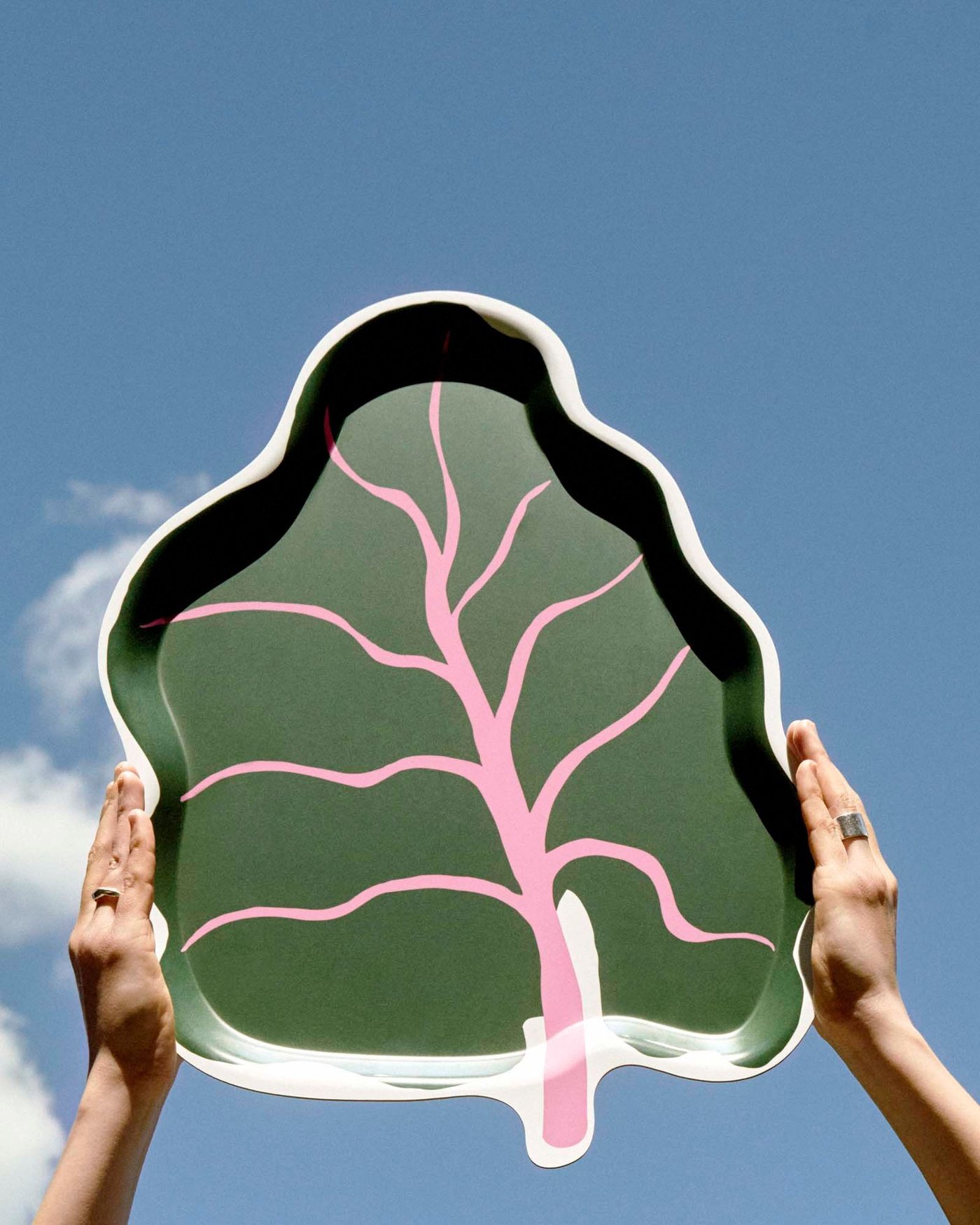 A person doors raises up a rhubarb leaf-shaped tray from the BASTUA collection. 