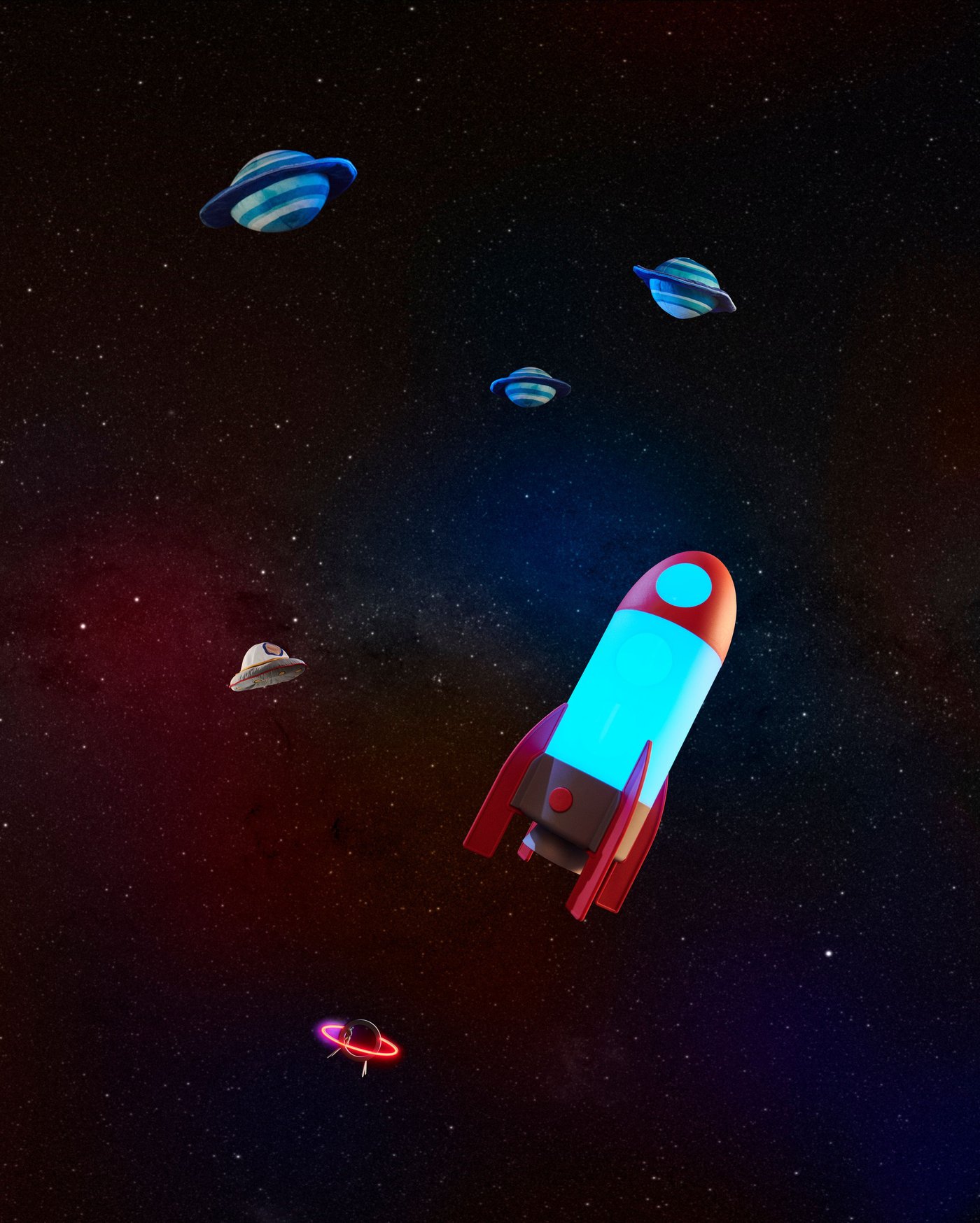 An illuminated red rocket lamp launches into space against a galactic backdrop of planets.