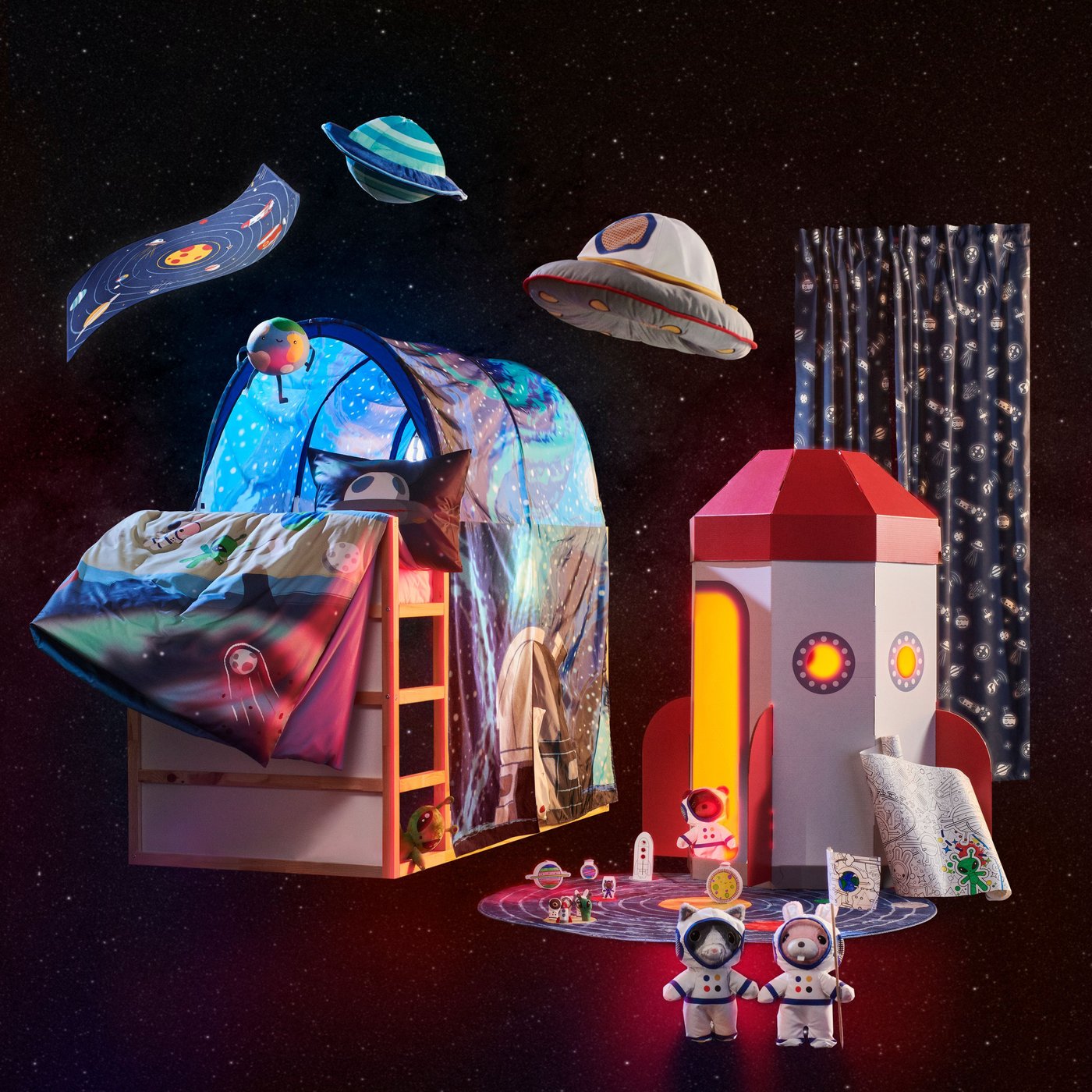 Two toy animal astronauts stand in front of a bunkbed covered in a space inspired tent, and play rocket.