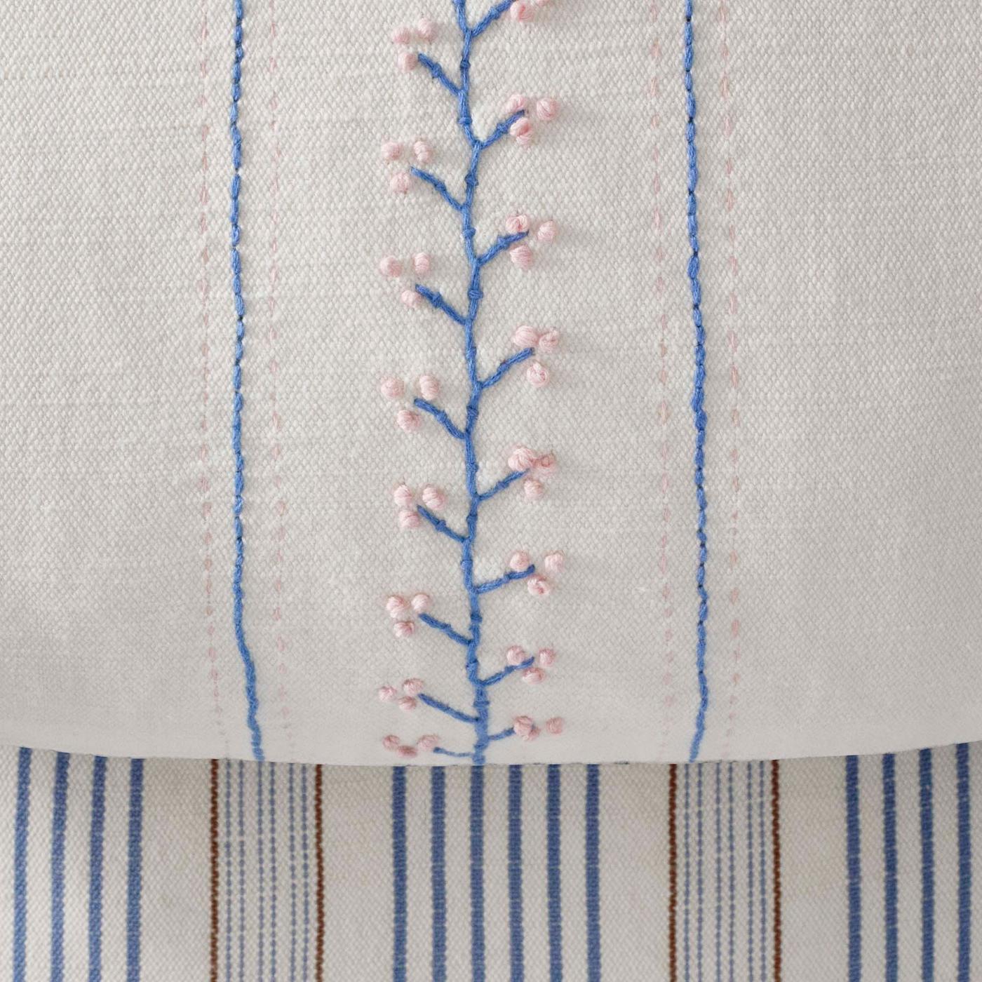 A close-up of a cream coloured ÅKERNEJLIKA throw with blue and pink embroidery.