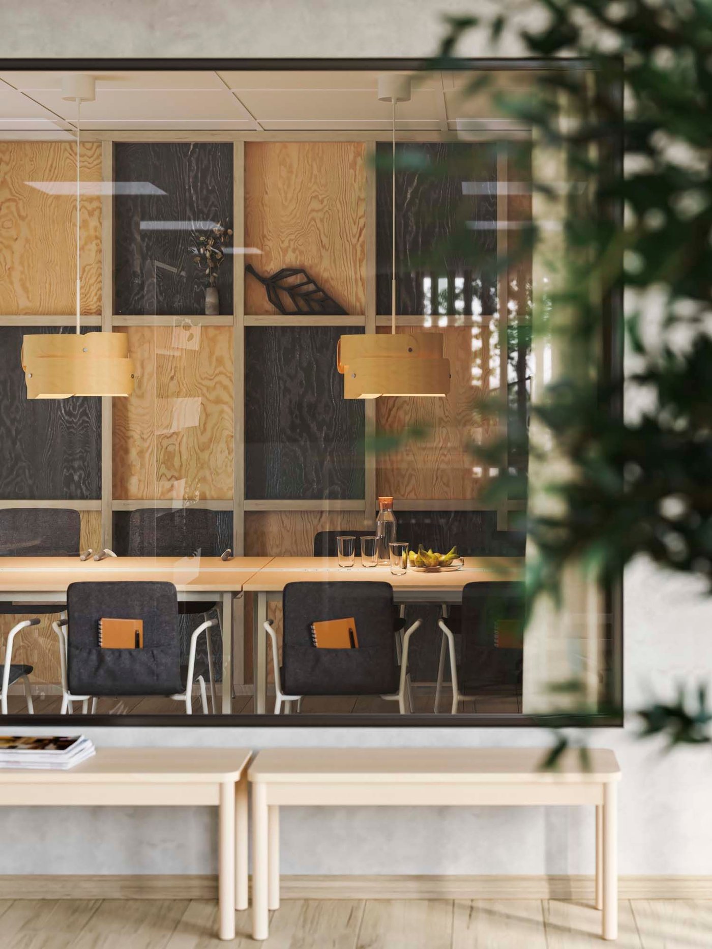 SÖDÅKRA pendant lamps hanging above two birch/veneer white MITTZON conference tables surrounded by LÄKTARE conference chairs.