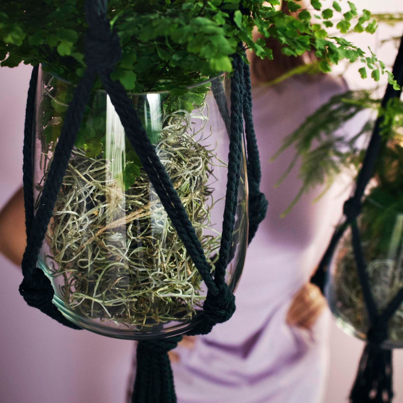 A plant hanging in a glass container in a black MÄVINN plant pot hanger.
