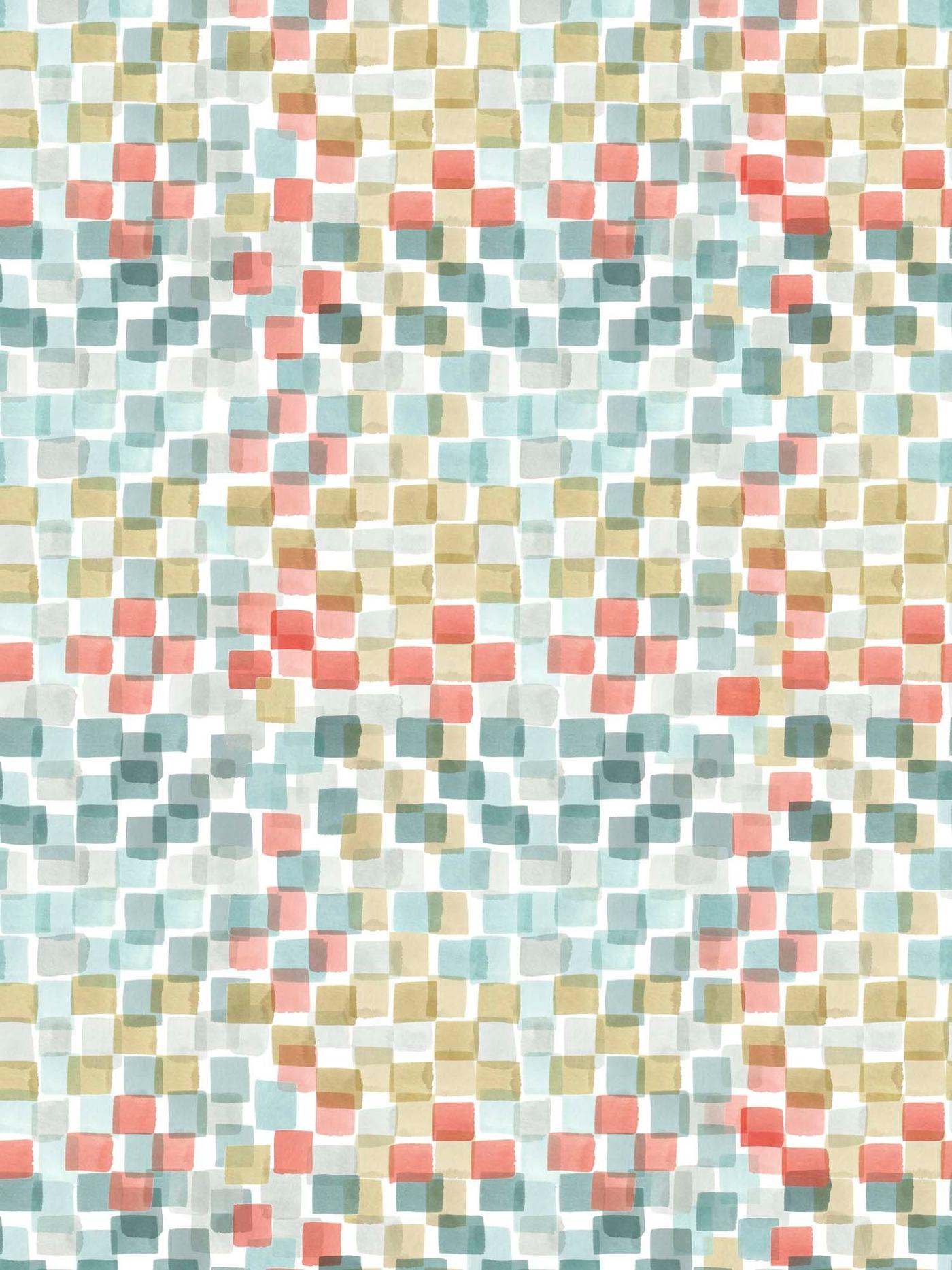 Pixel-like squares in blue, coral and yellow on a white background, make up the fabric pattern on a GAFFELBRÄKEN cushion cover.