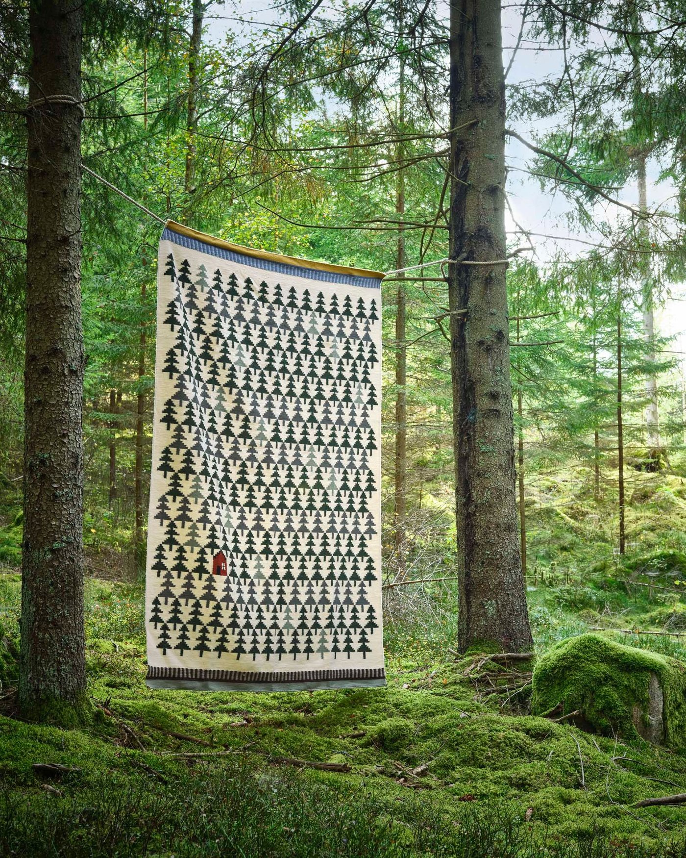 A DVÄRGGRÄS rug hangs from a line between two trees in a moss-covered forest.