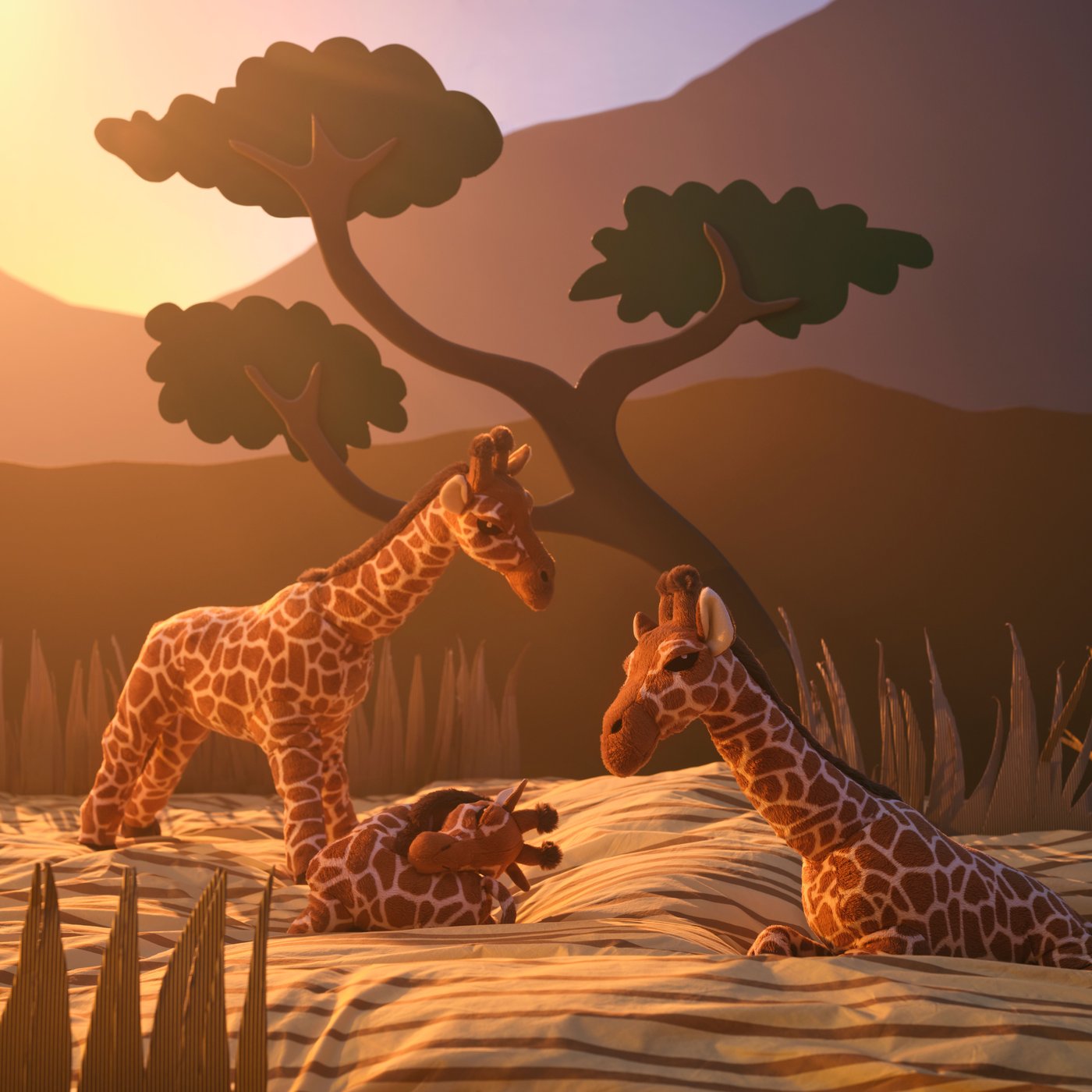 Several different giraffe soft toys, all displayed with a backdrop inspired by the African Savannah.