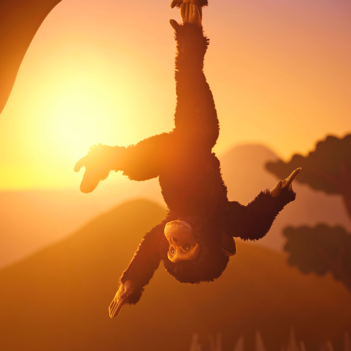 One soft toy monkey hanging from a tree, displayed with a backdrop inspired by the African savannah.