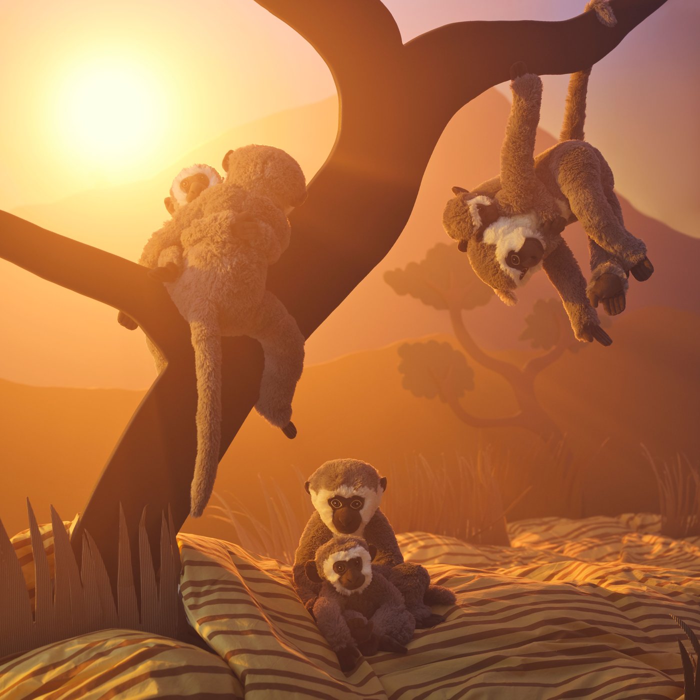 Several different monkey soft toys, all displayed with a backdrop inspired by the African Savannah.